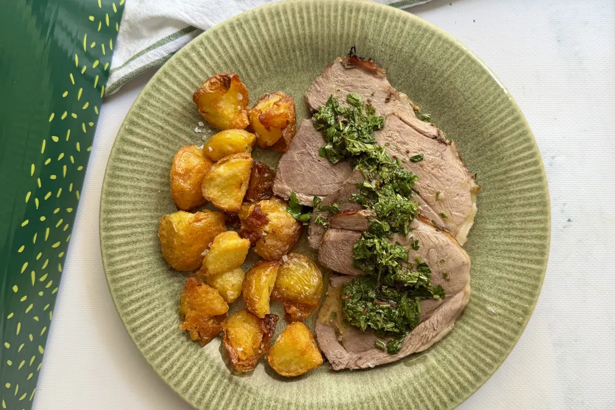 Roast Lamb Leg with Crispy Potatoes and Mint Chimichurri