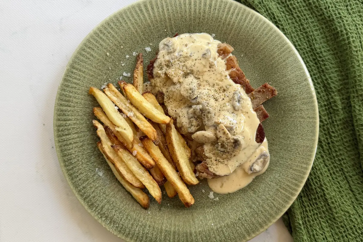 Our Cow Steak & Chips with Creamy Mushroom Sauce Recipe